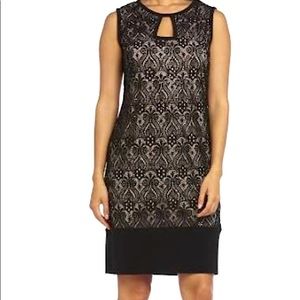 R & M Richards lace patterned sequined overlay sleeveless sheath dress